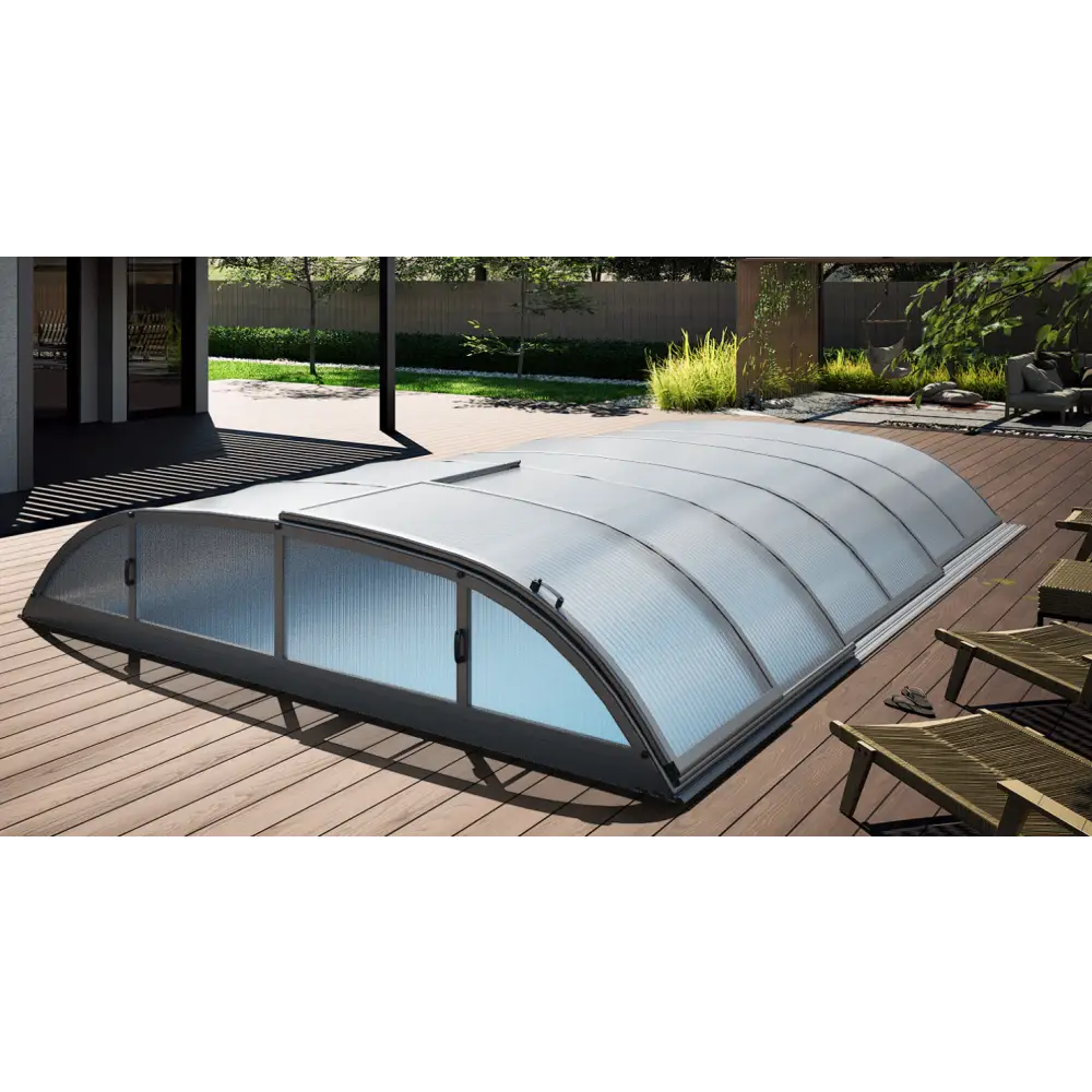 Pooltak Dallas 3×6 med modern valvbåge, genomskinliga paneler och mörkgrå metallram